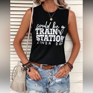 SHEIN ||  Black “Train Station” Muscle Tee (L)